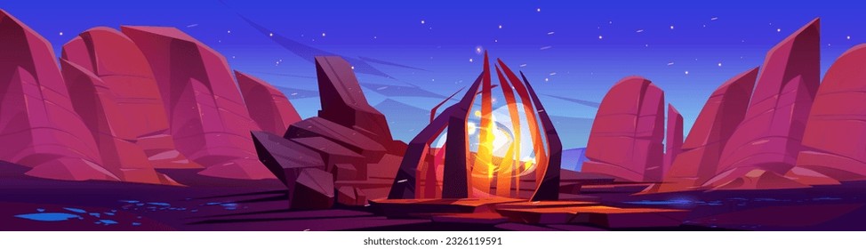 Desierto con portal de piedra mágica por la noche. Dibujo vectorial del paisaje rocoso con luz de neón amarillo brillando en una puerta fantástica, estrellas brillando en el cielo oscuro. Antecedentes del juego de aventura