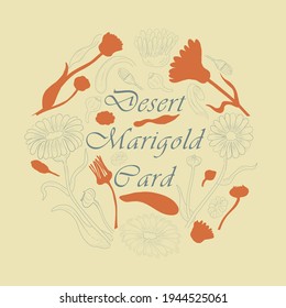 Desert Marigold Parts Making Circle Composition. Hand Drawn Contour and Filled Calendula Parts Neatly Arranged within the Circle. Illustration for Traditional Medicine Products, Labels, Posters.