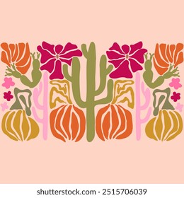 Desert Matisse border. Art nouveau landscape panorama with cactus and pumkins. Tile seamless pattern in groovy 60s 70s vibes.