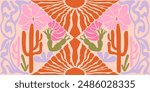 Desert matisse illustration. Art nouveau landscape panorama with cactus. Tile seamless pattern in groovy 60s 70s vibes.