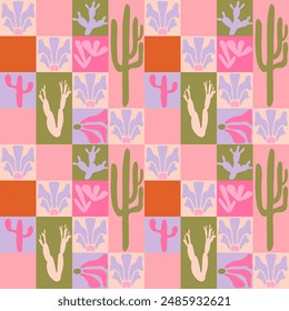 Desert matisse illustration. Art nouveau landscape panorama with cactus. Tile seamless pattern in groovy 60s 70s vibes.