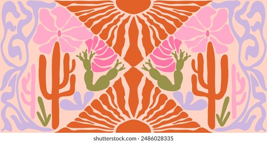 Desert matisse illustration. Art nouveau landscape panorama with cactus. Tile seamless pattern in groovy 60s 70s vibes.