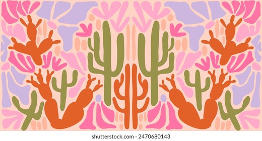 Desert matisse illustration. At nouveau landscape panorama with cactus. Tile seamless pattern in groovy 60s 70s vibes.