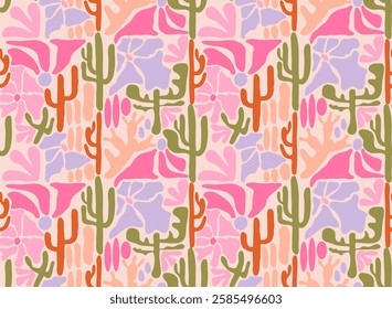 Desert matisse seamless pattern. Art nouveau landscape with cactus. Tile seamless pattern in groovy 60s 70s vibes.	