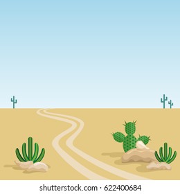 Desert mexican landscape. Winding road between cacti somewhere in Mexico under blue sky. Flat style vector illustration.