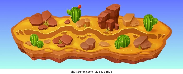 Desert mobile ui game level map with road cartoon background. Sand ground race template asset. Fantasy platform gui interface vector environment illustration with rally pathway, cactus and boulder