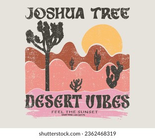 Desert modern art graphic print artwork for apparel, t shirt, sticker, poster, wallpaper and others. Joshua and cactus tree. Arizona desert vibes graphic print for fashion and others.