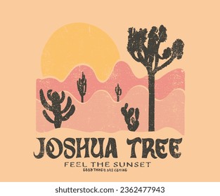 Desert modern art graphic print artwork for apparel, t shirt, sticker, poster, wallpaper and others. Joshua and cactus tree.