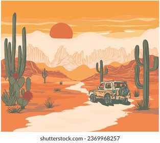 Desert modern vintage art. Wall painting design. desert vibes artwork  for t-shirt,  poster, wall art, stickers, background and others. 