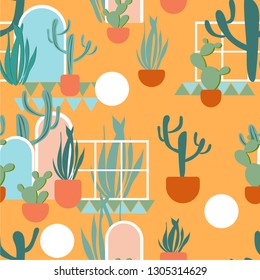 Desert Modernism Abstract Seamless Vector Pattern. Cactus Pattern. 