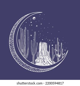 Desert moon light view, Arizona desert dreams with light blast vector graphic print artwork for apparel, stickers, background and others. Desert night view retro vintage illustration. Desert Moon