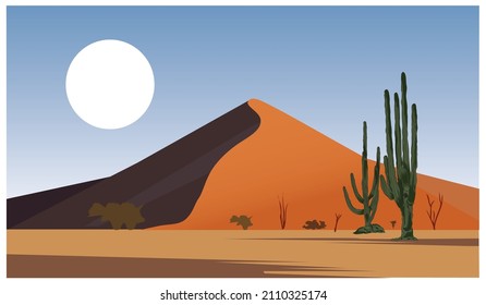 Wüstenmond Berg, Felling Arizona Vibes , Ein hochwertiger, nahtloser, horizontaler Hintergrund der Landschaft mit Wüste und Kakteen. Sonnenuntergang auf einem Hintergrund einer Berglandschaft. Vektorspielgrafik.