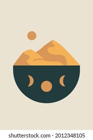 Desert and moon phases abstract minimal illustrations. Boho home decor, mid-century wall posters