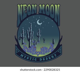 desert moonlit night landscape vector illustration, western desert night design, desert camping design with typography, outdoor camping design for t shirt, sticker, clothing