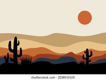 Desierto por la mañana. ilustración abstracta moderna minimalista. fondo de paisaje abstracto de la naturaleza de la salida del sol