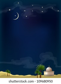 desert with mosque and palm tree on dark blue background