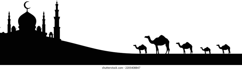 desert mosque silhouette and camel