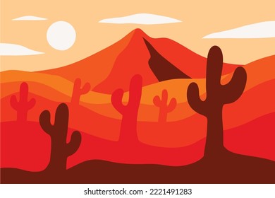 desert, mount, cactus and moon landscape illustration in flat design for nature background