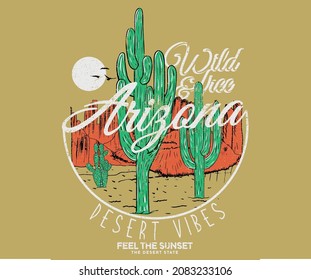 Desert mountain with cactus vector t shirt graphic design. Western print artwork for apparel, sticker, batch, background, poster and others.