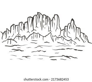 Desert mountain illustration. Outdoor adventure vector graphic for t shirt, poster and other uses. Mountain hand sketch graphic landscape artwork.