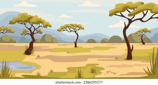 Wüste, Berglandschaft der afrikanischen Savanne.Vektorgrafik.