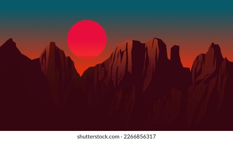 Desert mountain landscape with glowing red sun