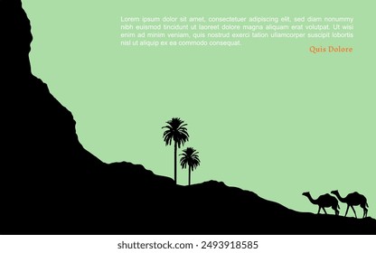 Desert Mountain landscape palm trees camel silhouette nature background vector illustration wallpaper islamic theme arab middle east