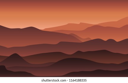 Desert mountain landscape in sunset/sunrise light and fog. Morning /evening in the mountains illustration. Vector  EPS 10