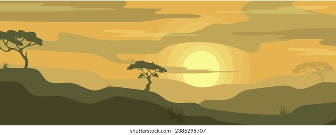 Desert, mountain night landscape of the African savanna.Vector graphics.