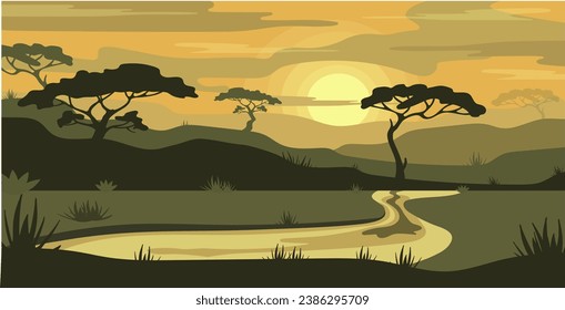 Desert, mountain night landscape of the African savanna.Vector graphics.