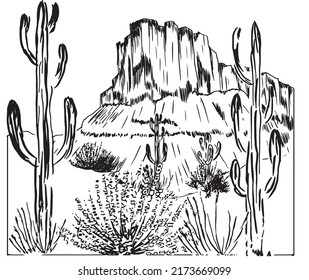 Desert mountain print design for t-shirt and others. Cactus wild graphic artwork for sticker, poster, background.