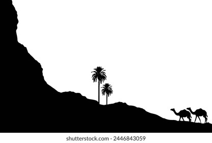 Desert Mountain Silhouette landscape background vector illustration wallpaper palm trees camel islamic theme background