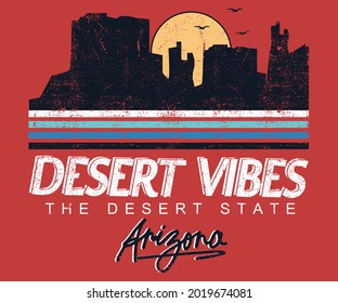 Desert mountain with sunrise vector design.Arizona desert state vintage artwork for apparel and others.  