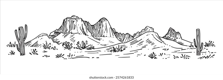 desert mountains with cacti and dry vegetation illustration