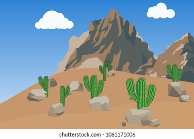 Desert with mountains and cacti. Landscape with mountains against the blue sky. Flat design, vector illustration, vector.