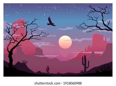 Desert with mountains and cactus on background panorama sunset sky with clouds. Vector flat color illustration.