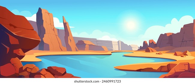 Desert with mountains and lake view background banner in cartoon design. Dry sand space with rocks, blue water river in drought valley, clouds horizon on day sunny sky. Vector cartoon illustration