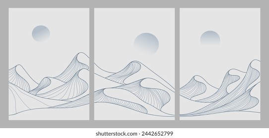 Desert mountains Line art pattern on set. Abstract mountain contemporary aesthetic background landscape. vector illustration