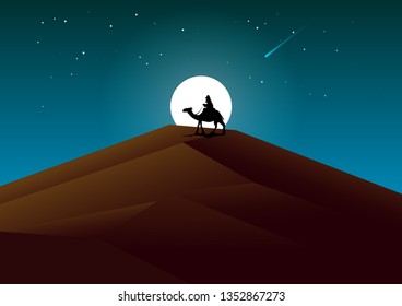 Desert mountains at night, Full moon in the blue sky, Traveling at night, Illustration design.