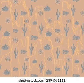Desert Mountains outline with cactus pattern in wild west vibes, Hand drawn desert cactus vector seamless pattern, Seamless pattern vector summer cactus on desert, summer tropical pattern background 