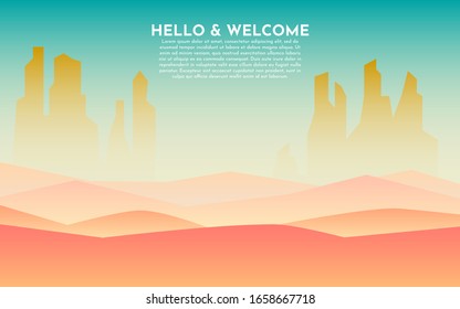 Desert, mountains, sand, sandstorm. Yellow, orange, green, blue gradient. Abstract landscape. Vector banner with polygonal landscape illustration. Minimalist style. Flat design.