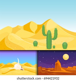 Desert mountains sandstone wilderness landscape background dry under sun hot dune scenery travel vector illustration.