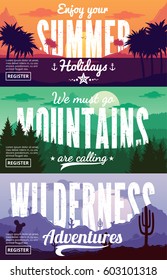 Desert, mountains and summer adventures horizontal banners set