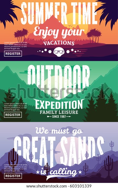 Desert Mountains Summer Adventures Horizontal Banners Stock Vector