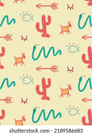 Desert Native American Theme, Contemporary Modern Hand Drawn Doodle Vector Seamless Background