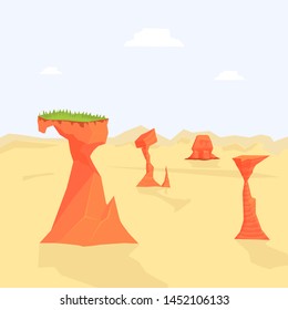 Desert Natural Landscape Background with Sandy Surface and Rocks Vector Illustration