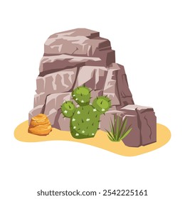 Desert nature in flat design. Rough rocks, green cactus and grass in sand. Vector illustration isolated.