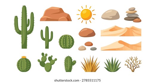 Desert nature vector icon set in flat style featuring cactus rocks sand dunes and sun ideal for arid landscape travel and wilderness concepts.