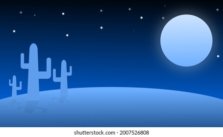 Desert at night with cactus, stars and big moon, desert at night concept art.