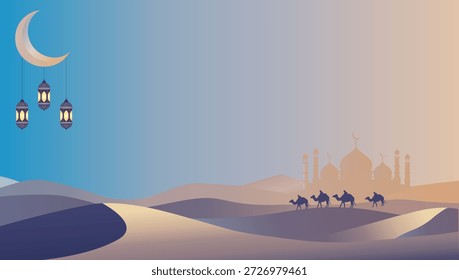 Noche en el desierto con camellos, mezquita y luna creciente para el Eid, el Ramadán y el diseño islámico.